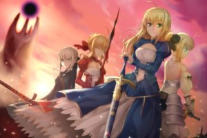 blondes, Fate stay, Night, Dress, Ribbons, Weapons, Green, Eyes, Yellow, Eyes, Fate, Unlimited, Codes, Saber, Closed, Eyes, Hair, Ribbons, Saber, Lily, Swords, Hair, Ornaments, Fate extra, Saber, Alter, Saber, E