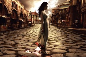 rome, Brunette, Knife, Blood, Series, Television, History, Cobble, Stones, Architecture, Buildings, Manipulation, Cg, Digital, Weapons, Women, Females, Girls, Babes, Actress, Brunette, Clouds
