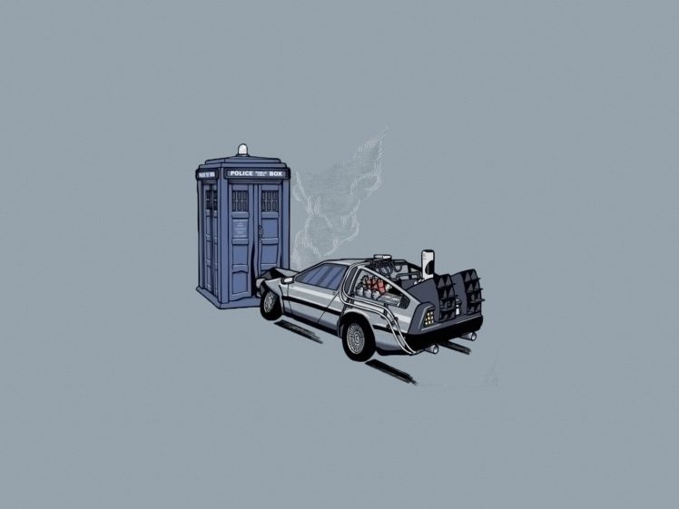 tardis, Back, To, The, Future, Time, Travel, Doctor, Who, Crossovers, Delorean, Dmc 12, Simple, Background HD Wallpaper Desktop Background