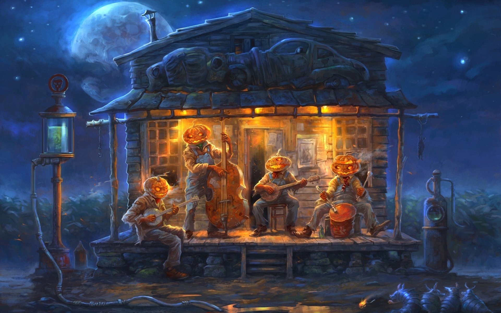 moon, Rat, Pumpkin, Night, Home, Band, Halloween, Art Wallpaper