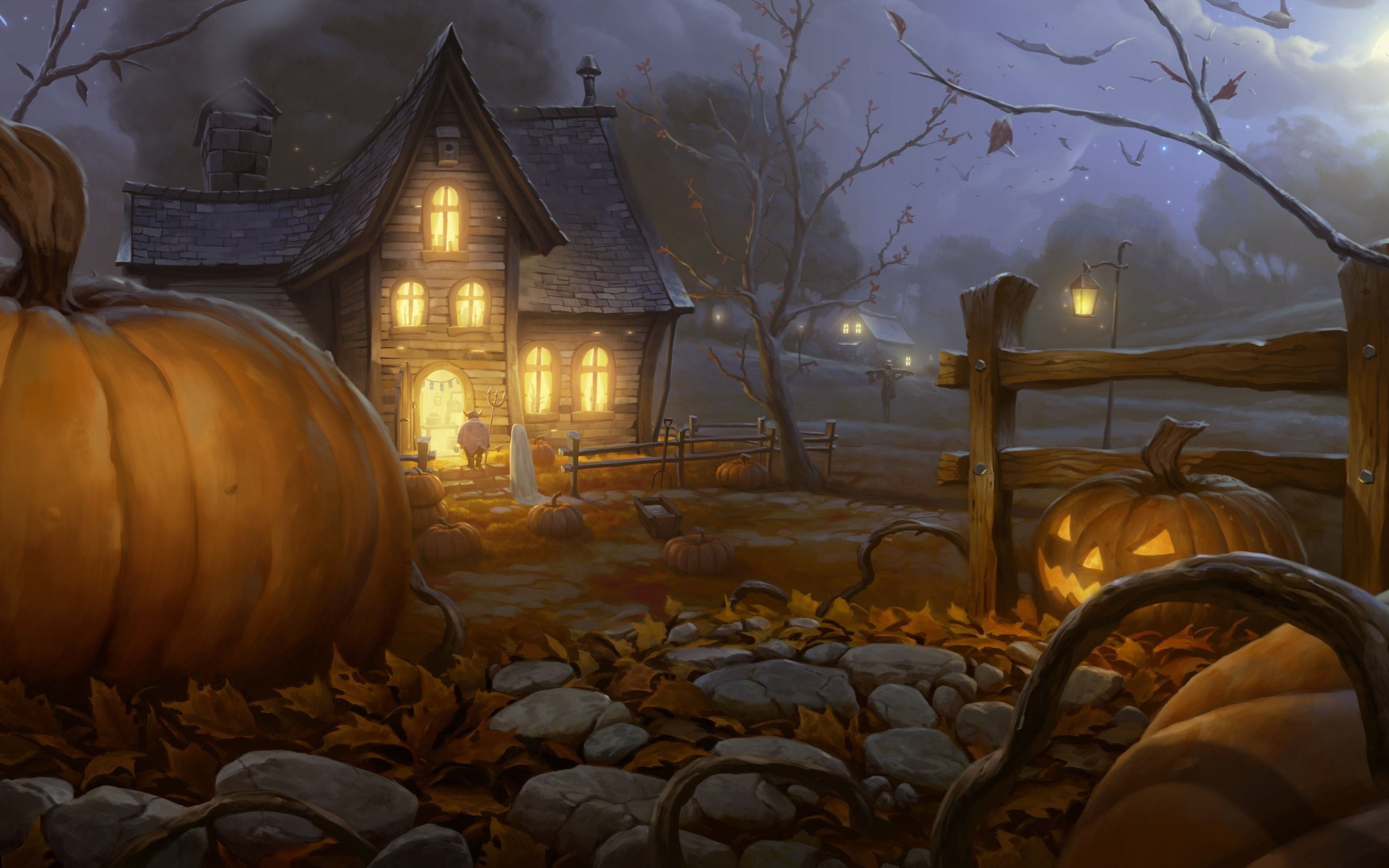 house, Halloween, Pumpkin, Garden, Art, Visitor, Night, Halloween Wallpaper