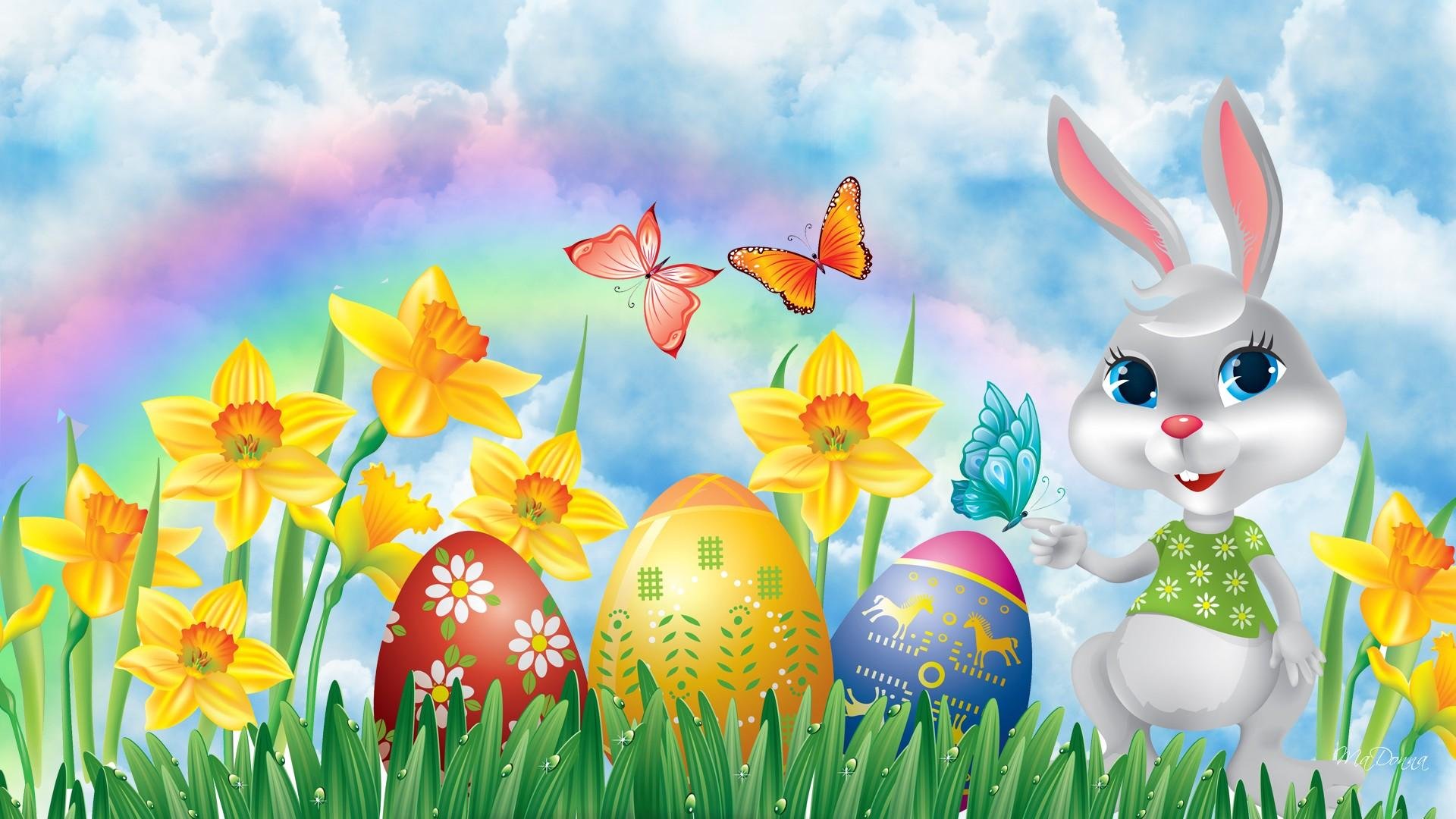 conejo, Huevos, Flores, Mariposas, Pascua Wallpaper