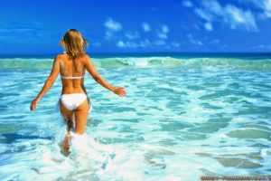 mujer, Bikini, Blanco, Vacaciones, Mar