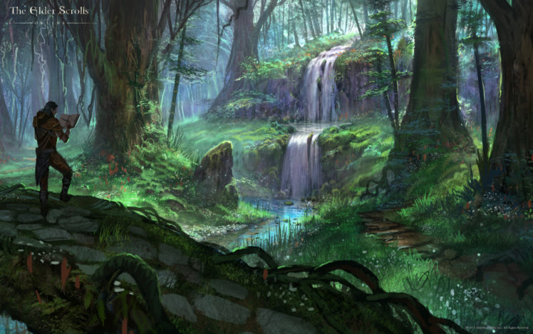 the, Elder, Scrolls, Online, Fantasy, Warrior, Warriors, Waterfall, Landscape, Forest HD Wallpaper Desktop Background