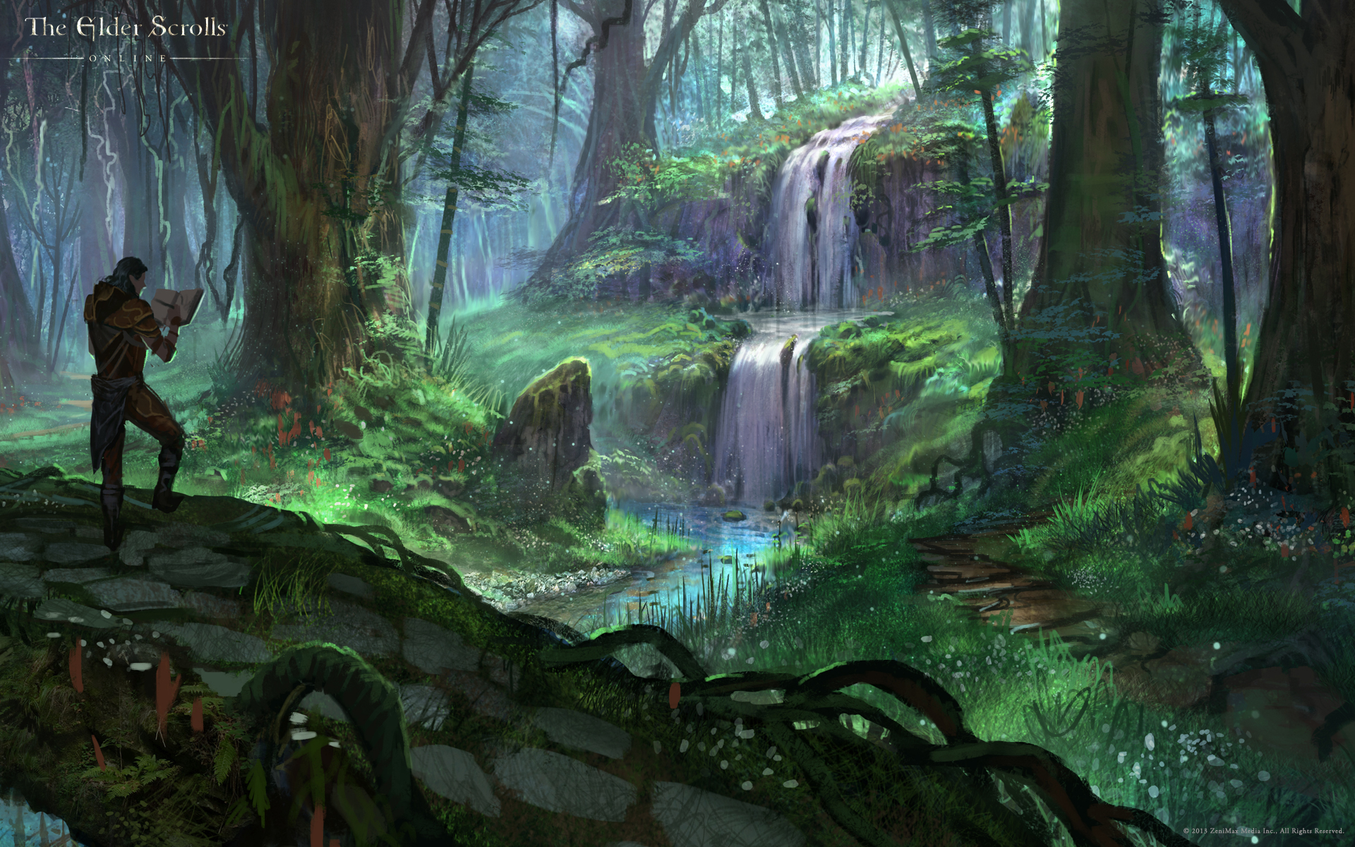 the, Elder, Scrolls, Online, Fantasy, Warrior, Warriors, Waterfall, Landscape, Forest Wallpaper