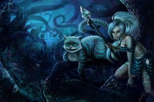 art, Lol, League, Of, Legends, Cheshir, Nidalee, Girl, Forest, Cat, Spear, Thicket, Fantay