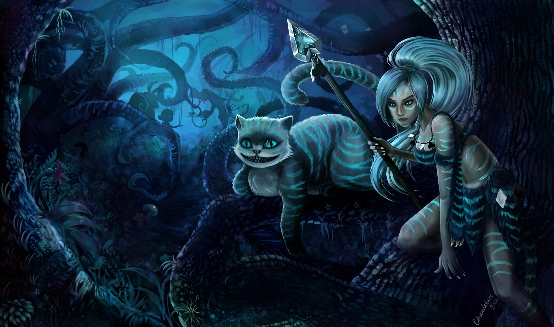 art, Lol, League, Of, Legends, Cheshir, Nidalee, Girl, Forest, Cat, Spear, Thicket, Fantay Wallpaper