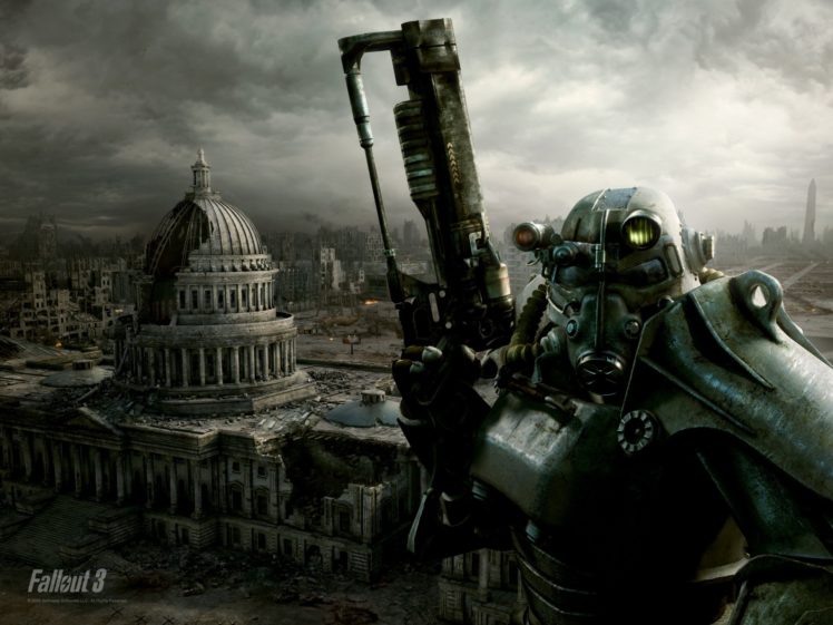 fallout, Sci fi, City, Apocalyptic, Warrior, Armor, Mask, City, Weapon, Gun HD Wallpaper Desktop Background
