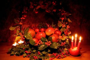 apples, Hawthorn, Candles, Basket, Composition, Thanksgiving