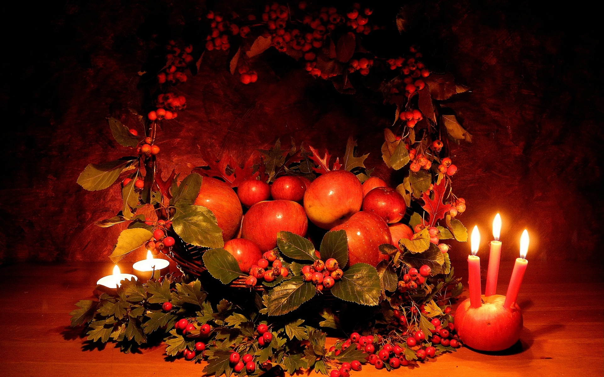 apples, Hawthorn, Candles, Basket, Composition, Thanksgiving Wallpaper