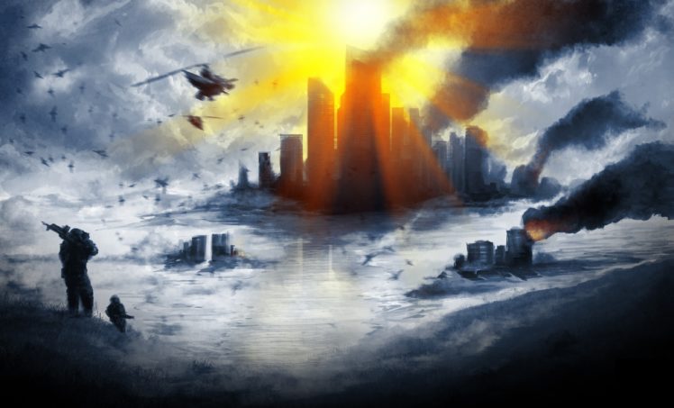 battlefield, 4, Skyscrapers, Smoke, Rays, Of, Light, Games, Apocalyptic, Sci fi HD Wallpaper Desktop Background