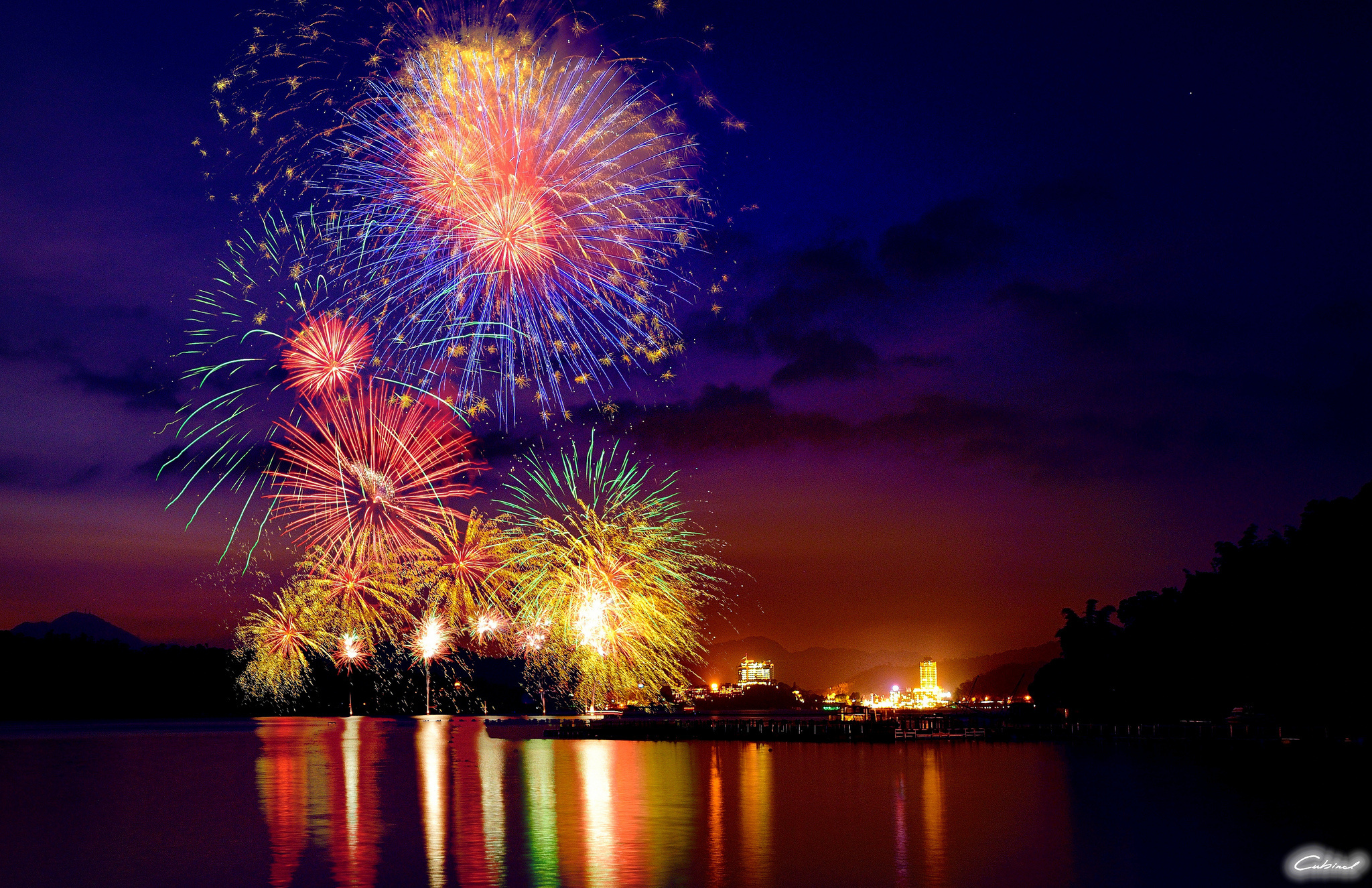 fireworks, City, Lights, Night, Lake Wallpaper
