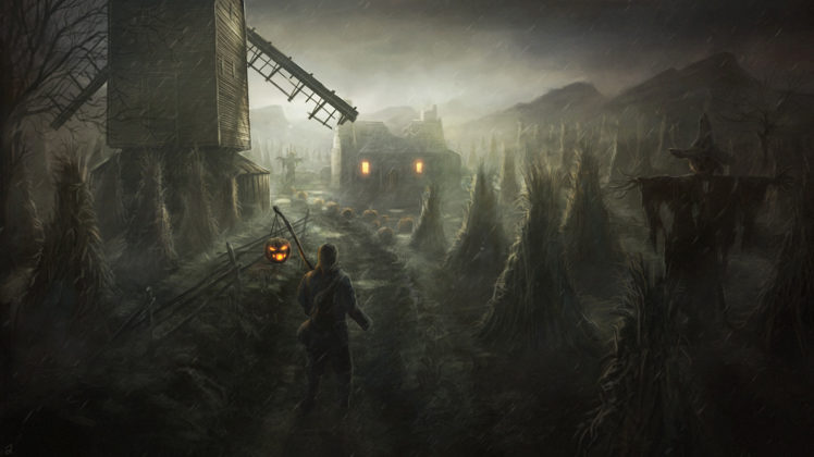 gothic, Rain, Halloween, Mill, Night, Fantasy HD Wallpaper Desktop Background