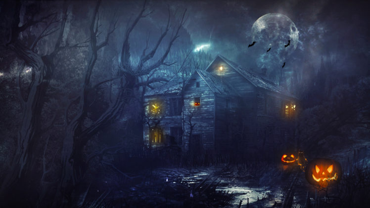 halloween, House, Night, Moon, Pumpkin HD Wallpaper Desktop Background