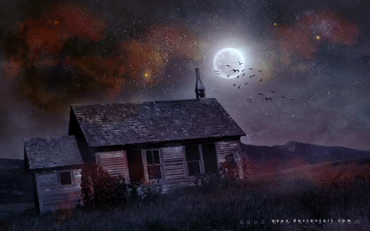 house, Moon, Night, Stars, Birds, Halloween, Dark HD Wallpaper Desktop Background