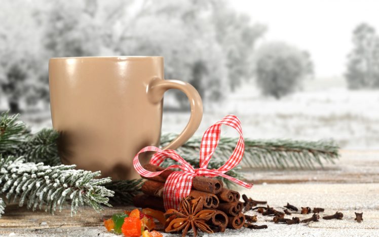 prazniki, Cinnamon, Stick, Ribbon, Pine, Snow, Chashka, Tea, Coffee, Christmas, Winter HD Wallpaper Desktop Background