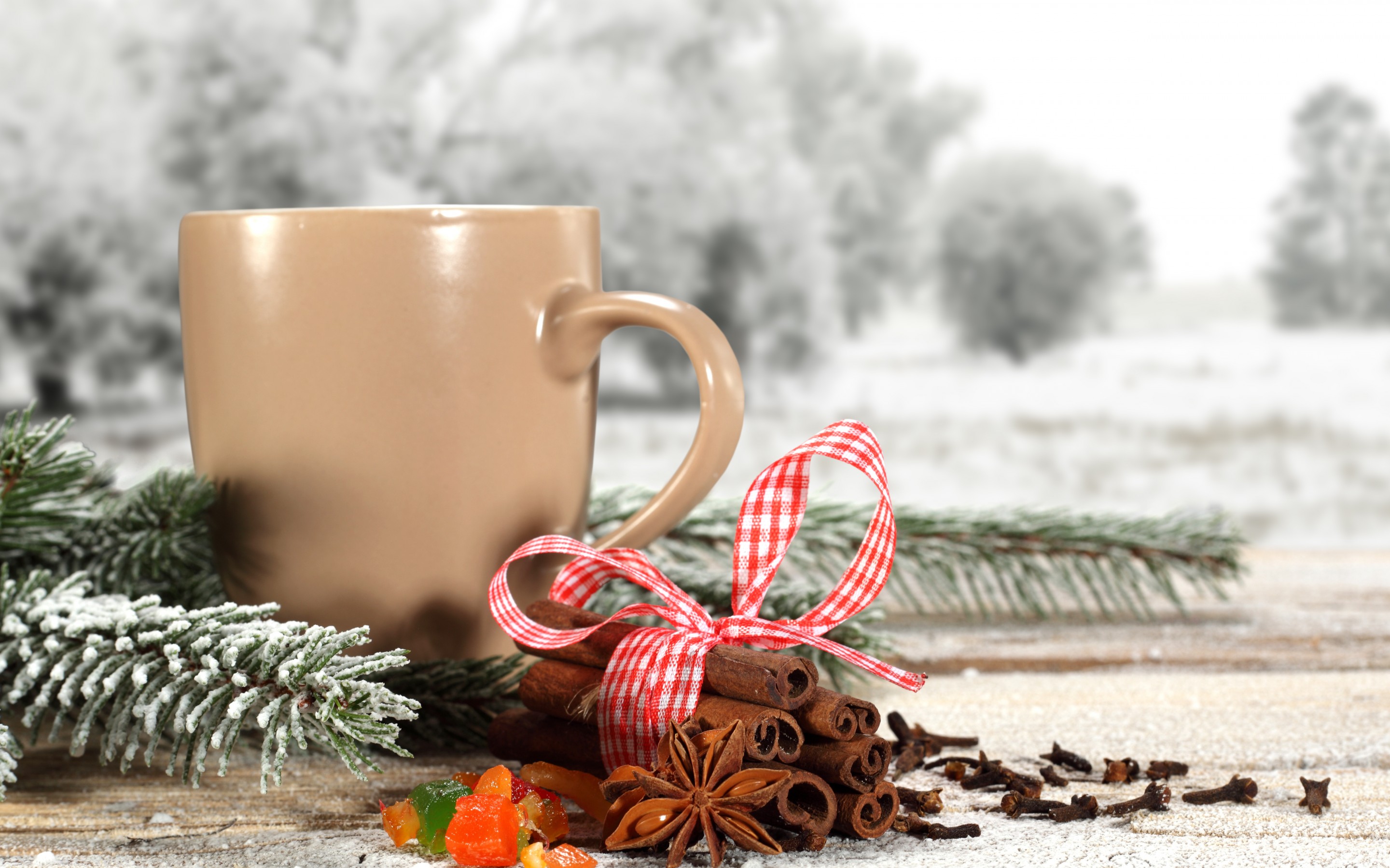 prazniki, Cinnamon, Stick, Ribbon, Pine, Snow, Chashka, Tea, Coffee, Christmas, Winter Wallpaper
