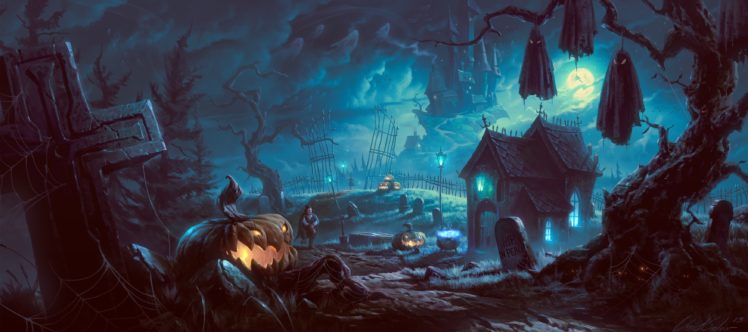 art, Night, Trees, Halloween, Pumpkin, Vampire HD Wallpaper Desktop Background