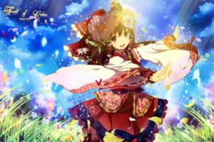 brunettes, Video, Games, Clouds, Nature, Touhou, Cherry, Blossoms, Trees, Multicolor, Flowers, Happy, Text, Grass, Long, Hair, Brown, Eyes, Miko, Alternate, Sunlight, Hakurei, Reimu, Smiling, Bows, Traditional,
