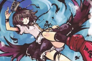 brunettes, Video, Games, Touhou, Wings, Flying, Tie, Skirts, Socks, Feathers, Cameras, Red, Eyes, Short, Hair, Shameimaru, Aya, Shirts, Open, Mouth, Skyscapes, Hats, Tengu, Tokin, Hat, Geta, Garters