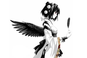 video, Games, Touhou, Wings, White, Ribbons, Feathers, Red, Eyes, Short, Hair, Shameimaru, Aya, Traditional, Dressing, Hats, Japanese, Clothes, Simple, Background, Polychromatic, Tengu, Detached, Sleeves, Tokin,