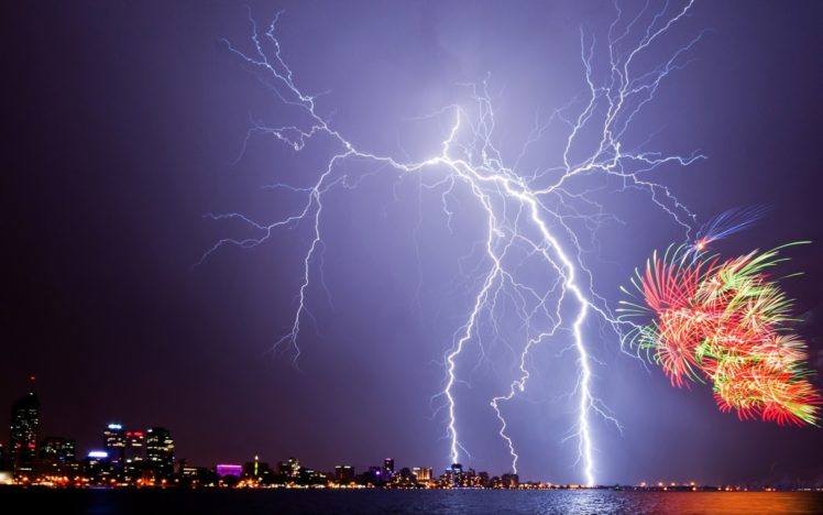 lightning, Fireworks, Night, City, New, Year, July, 4th, Storm, City HD Wallpaper Desktop Background
