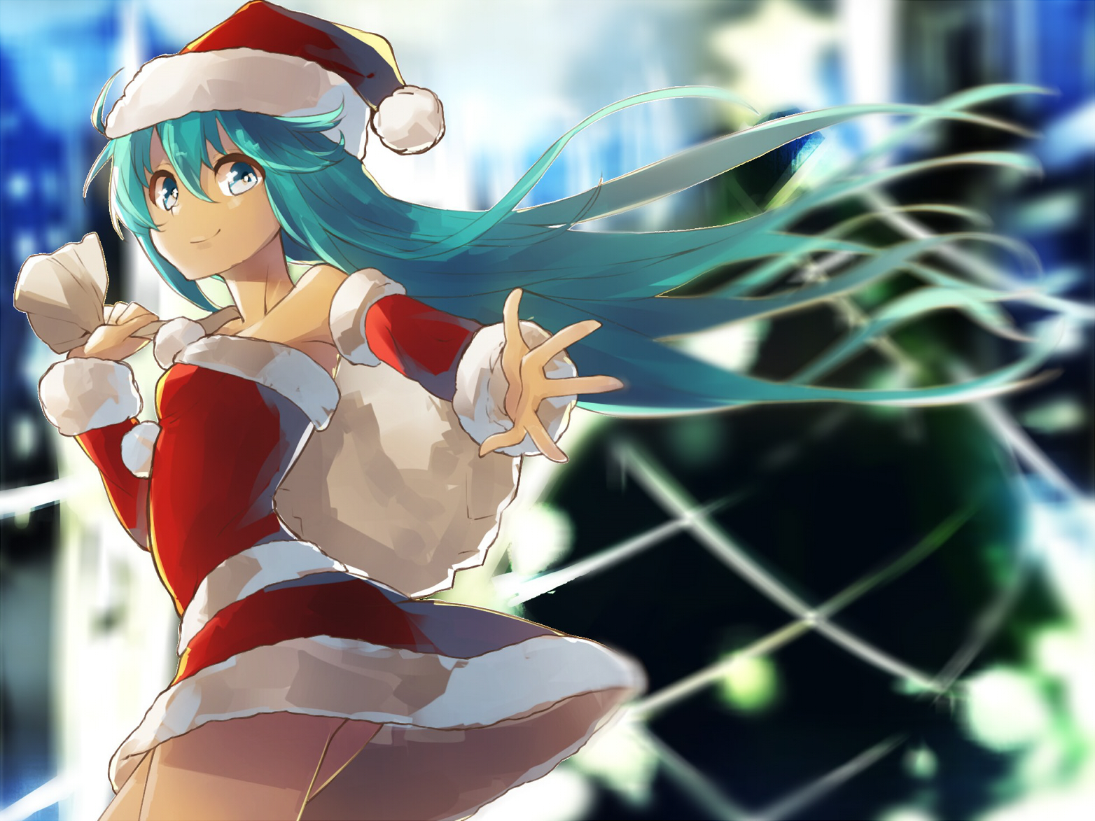 vocaloid, Aqua, Hair, Christmas, Hatsune, Miku, Long, Hair, Merumayu, Santa, Costume, Santa, Hat, Vocaloid Wallpaper