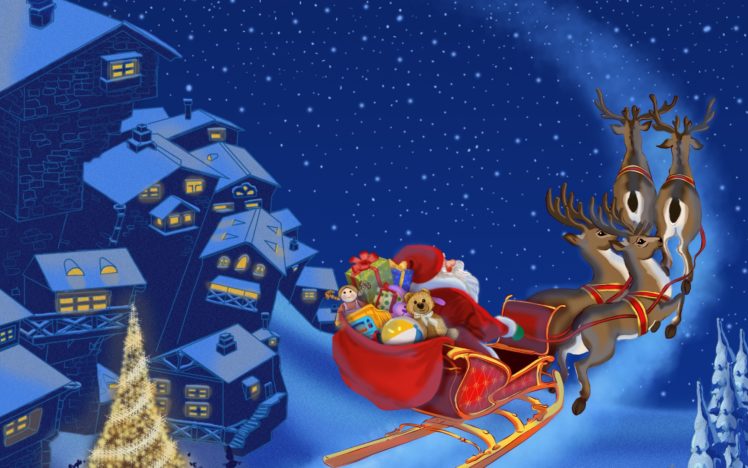 santa, Claus, Is, Coming, Merry, Christmas, Christmas, Tree, New, Year, Snow, Town, Reindeer HD Wallpaper Desktop Background