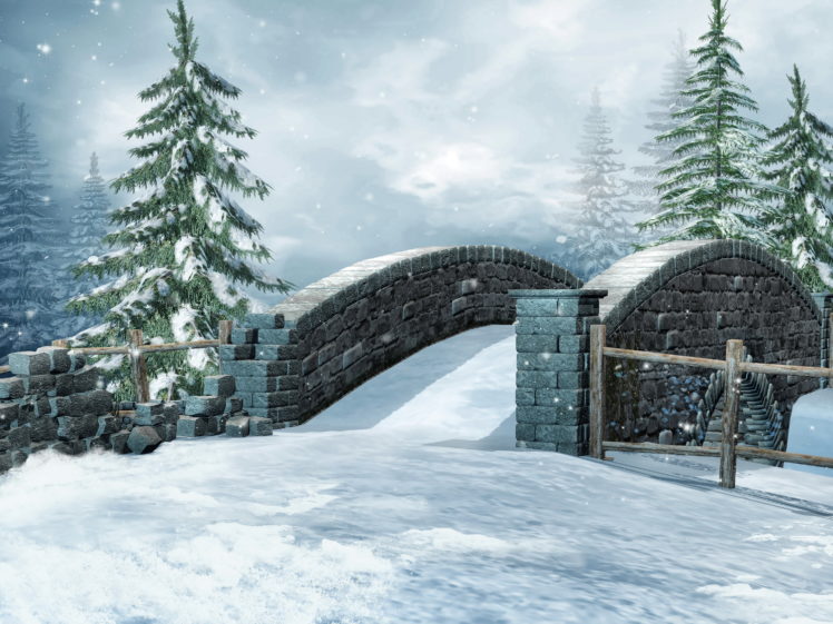 seasons, Winter, Bridge, Fir, Snow, Nature, 3d, Graphics HD Wallpaper Desktop Background