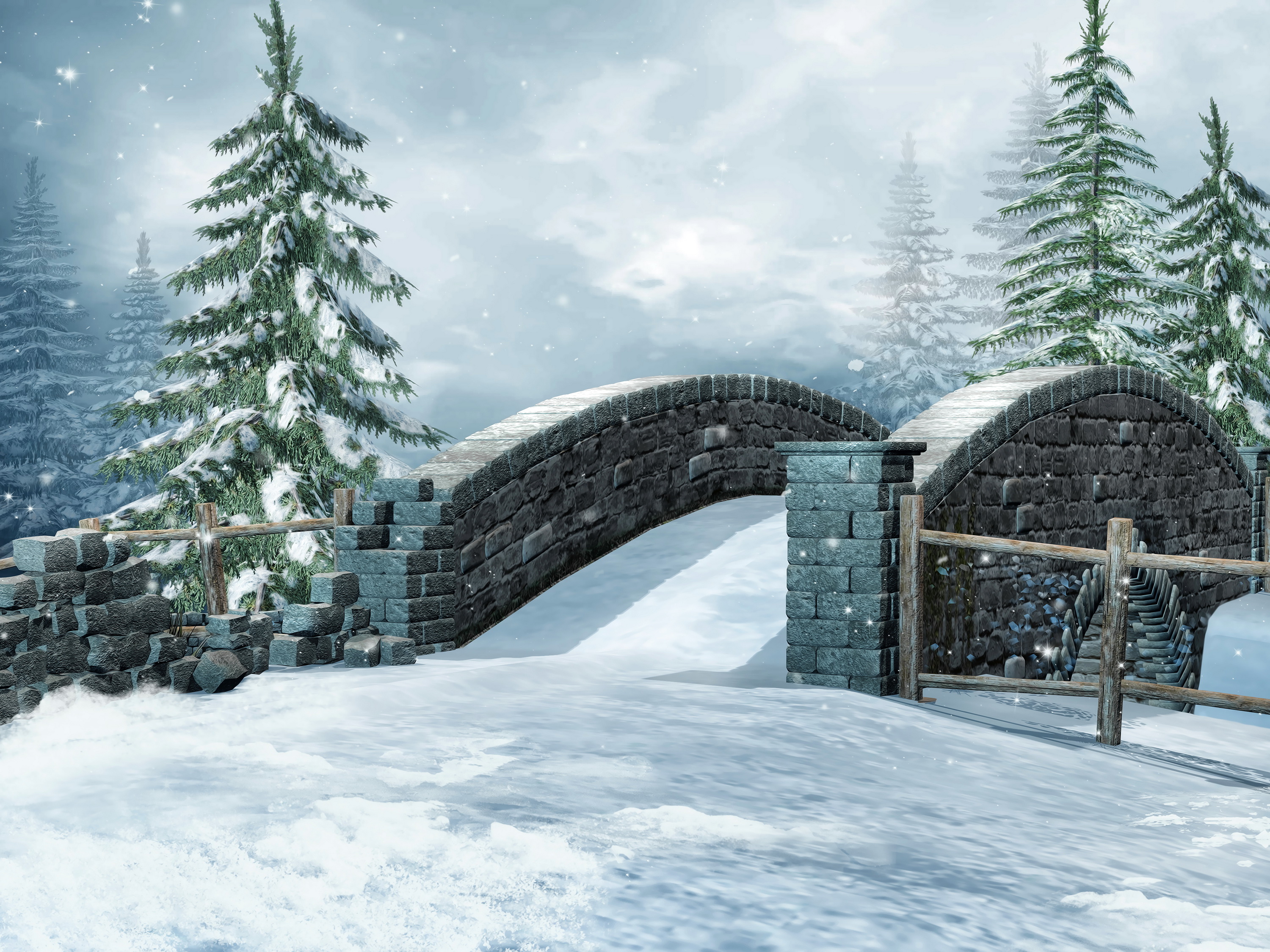 seasons, Winter, Bridge, Fir, Snow, Nature, 3d, Graphics Wallpaper