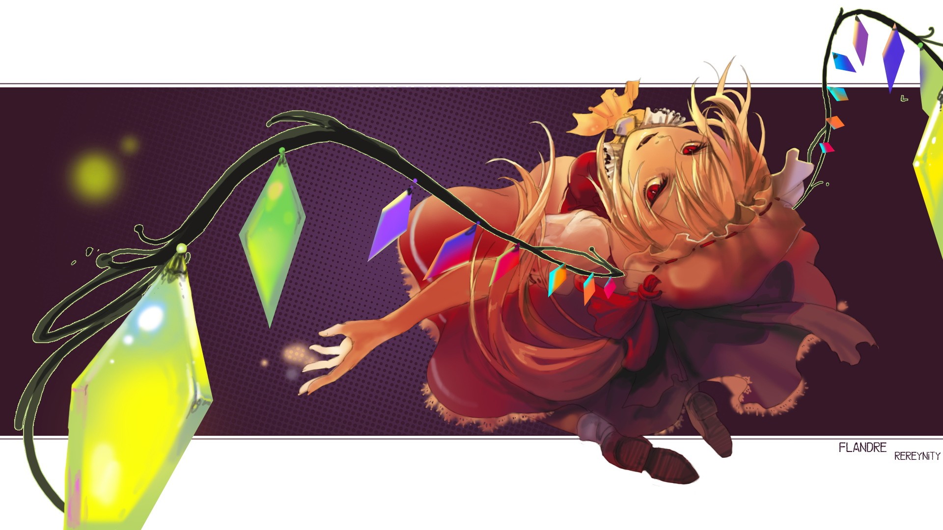 blondes, Video, Games, Touhou, Wings, Long, Hair, Vampires, Red, Eyes, Crystals, Bows, Open, Mouth, Fangs, Ponytails, Flandre, Scarlet, Hats, Hair, Ornaments, Side, Ponytail Wallpaper