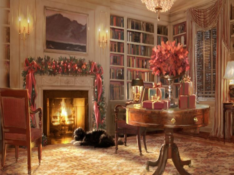 christmas, Fireplace, Fire, Holiday, Festive, Decorations, Art, Painting HD Wallpaper Desktop Background