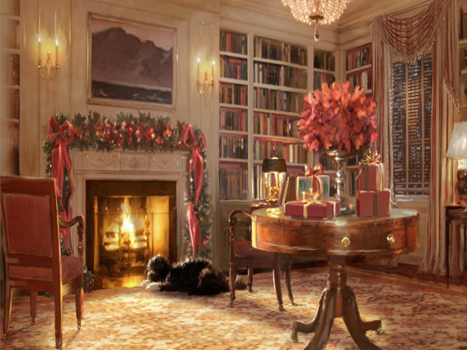 christmas, Fireplace, Fire, Holiday, Festive, Decorations, Art, Painting Wallpaper