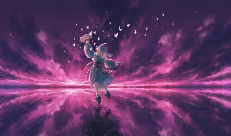water, Video, Games, Clouds, Touhou, Dress, Socks, Pink, Hair, Short, Hair, Bows, Pink, Eyes, Veil, Saigyouji, Yuyuko, Blue, Dress, Skyscapes, Reflections, Hats, Japanese, Clothes, Anime, Girls, Spread, Arms, Lo HD Wallpaper Desktop Background