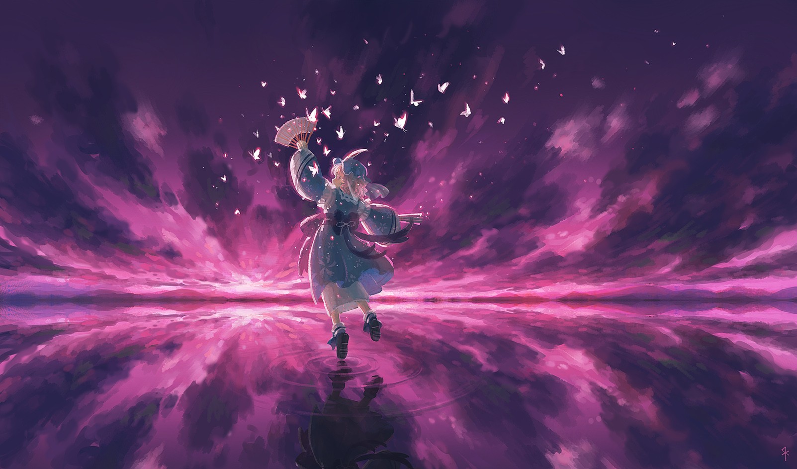 water, Video, Games, Clouds, Touhou, Dress, Socks, Pink, Hair, Short, Hair, Bows, Pink, Eyes, Veil, Saigyouji, Yuyuko, Blue, Dress, Skyscapes, Reflections, Hats, Japanese, Clothes, Anime, Girls, Spread, Arms, Lo Wallpaper