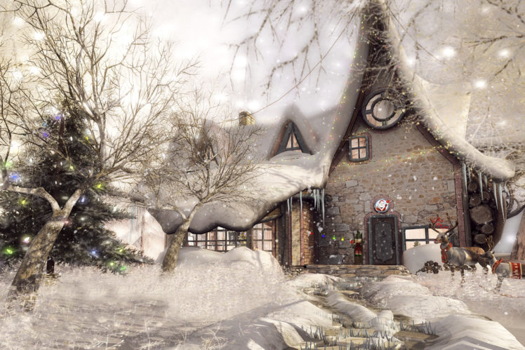 house, Snow, Reindeer, Trees HD Wallpaper Desktop Background