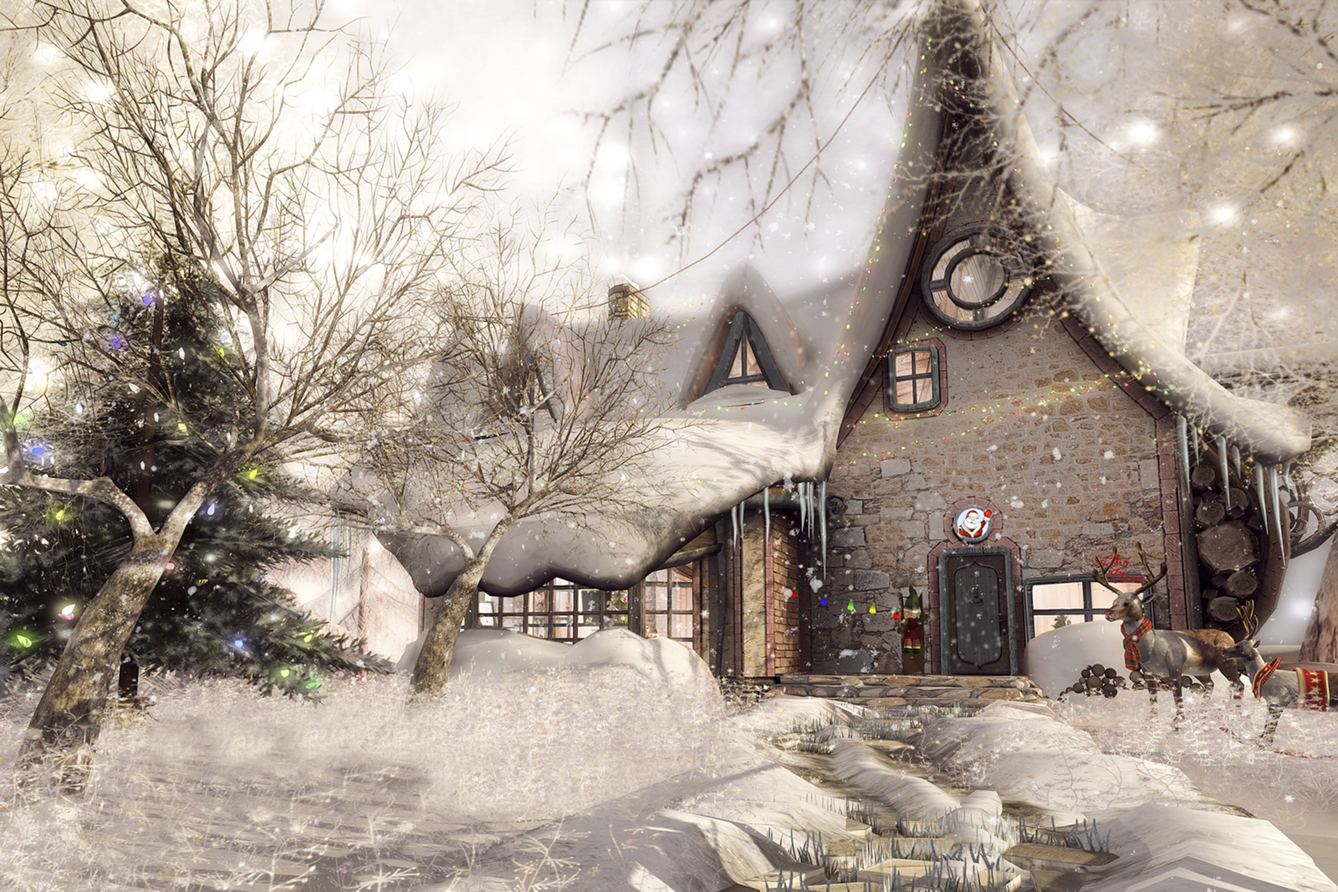 house, Snow, Reindeer, Trees Wallpaper