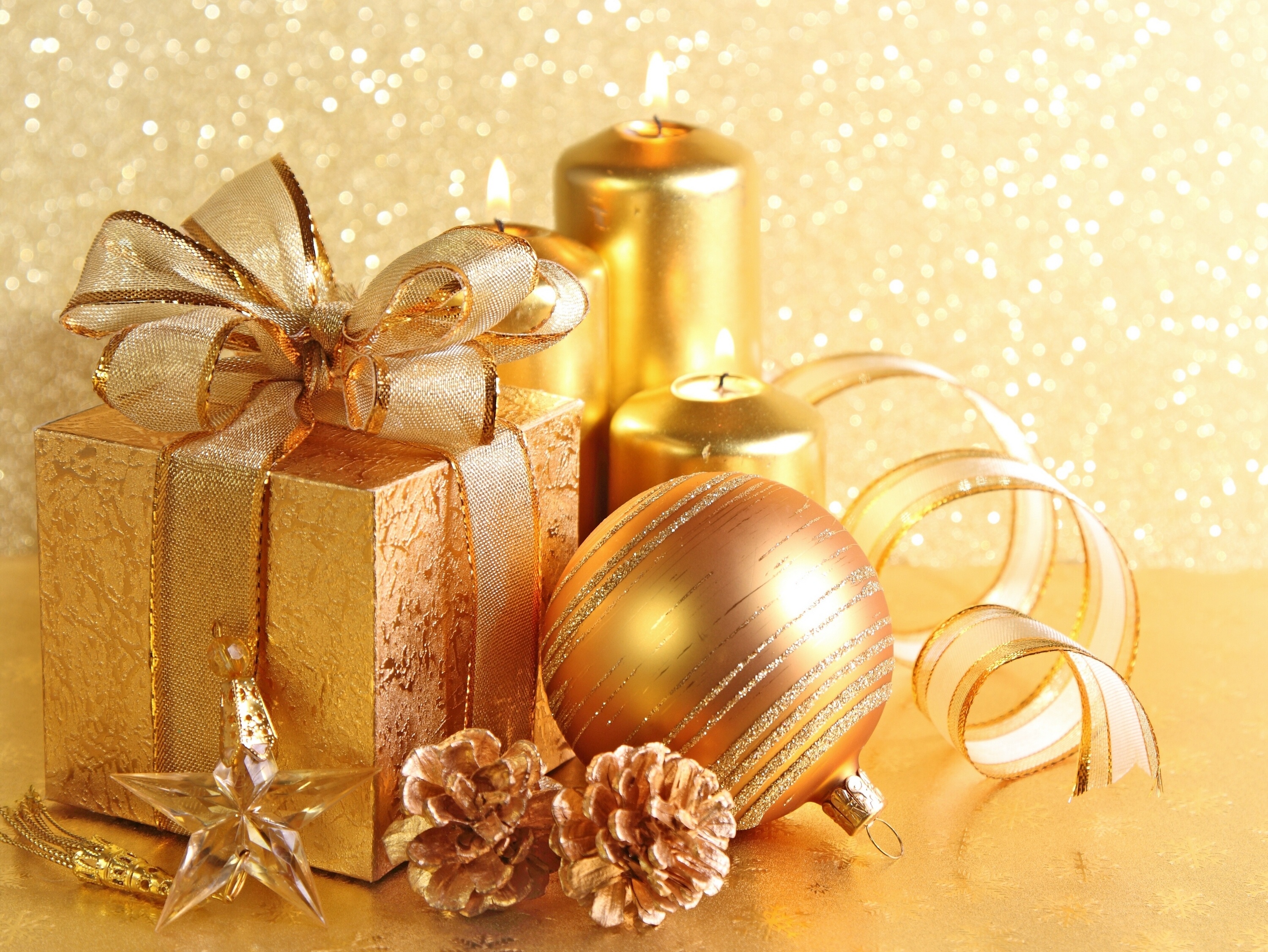 new, Year, Christmas, Gift, Box, Balloon, Candles, Cones, Stars, Ribbons Wallpaper
