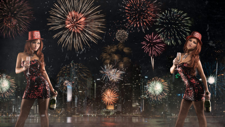tancy, Marie, New, Year, Fireworks, Night, City, A, Bottle, Of, Champagne HD Wallpaper Desktop Background