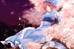 video, Games, Touhou, Cherry, Blossoms, Dress, Flowers, Pink, Hair, Short, Hair, Flower, Petals, Saigyouji, Yuyuko, Blue, Dress, Skyscapes, Hats, Japanese, Clothes