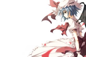 video, Games, Touhou, Wings, Dress, Blue, Hair, Vampires, Red, Eyes, Short, Hair, Bows, Hats, Remilia, Scarlet, Simple, Background, Anime, Girls