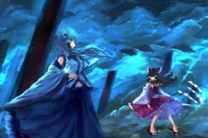 brunettes, Video, Games, Blue, Clouds, Touhou, Wind, Skirts, Long, Hair, Miko, Green, Hair, Hakurei, Reimu, Mountain, Of, Faith, Sandals, Ponytails, Kochiya, Sanae, Staff, Skyscapes, Japanese, Clothes, Anime, Gi