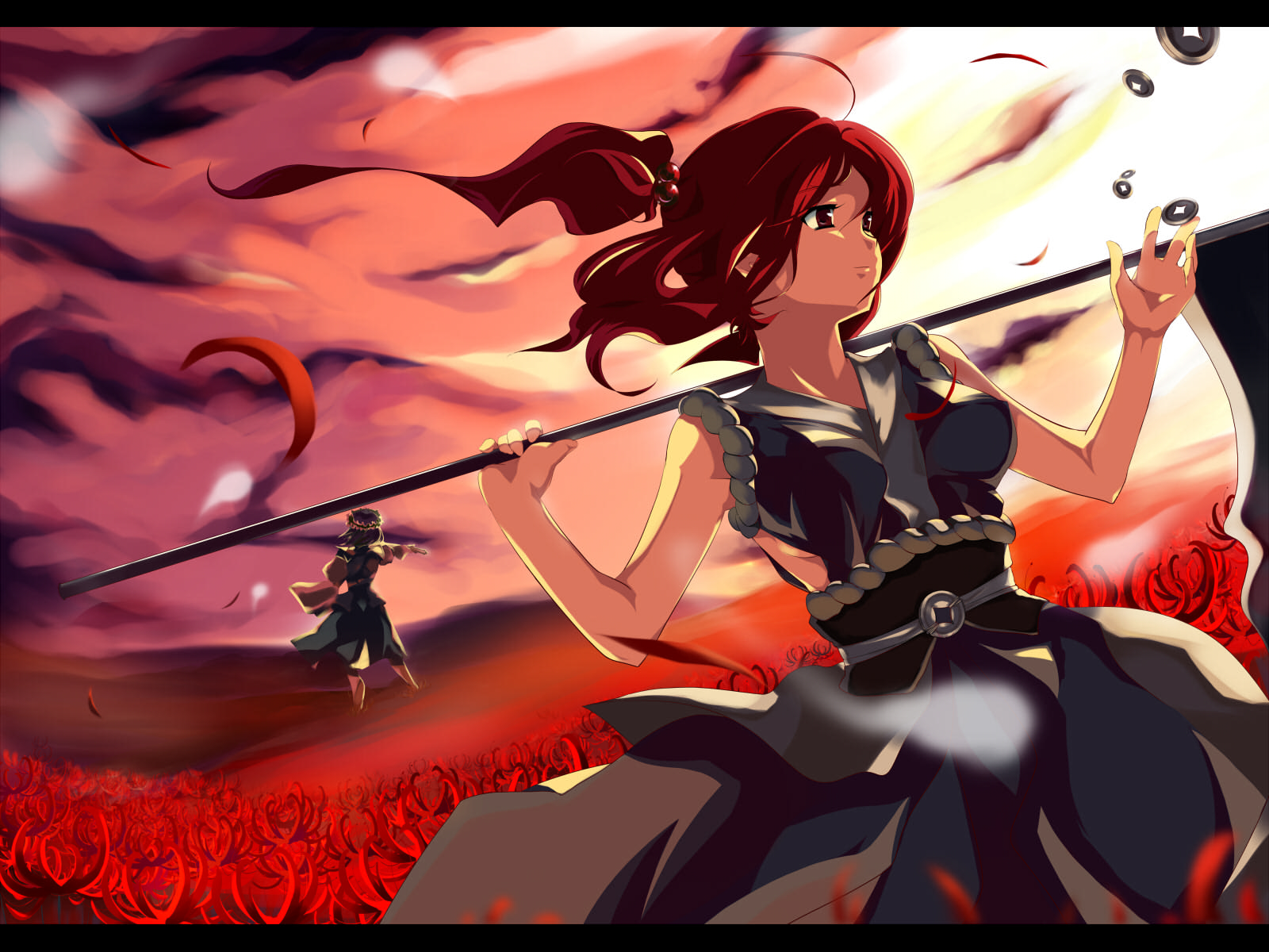 video, Games, Clouds, Touhou, Flowers, Coins, Scythe, Redheads, Long, Hair, Weapons, Shinigami, Red, Eyes, Twintails, Anime, Flower, Petals, Onozuka, Komachi, Skyscapes, Hats, Shikieiki, Yamaxanadu, Japanese, Cl Wallpaper
