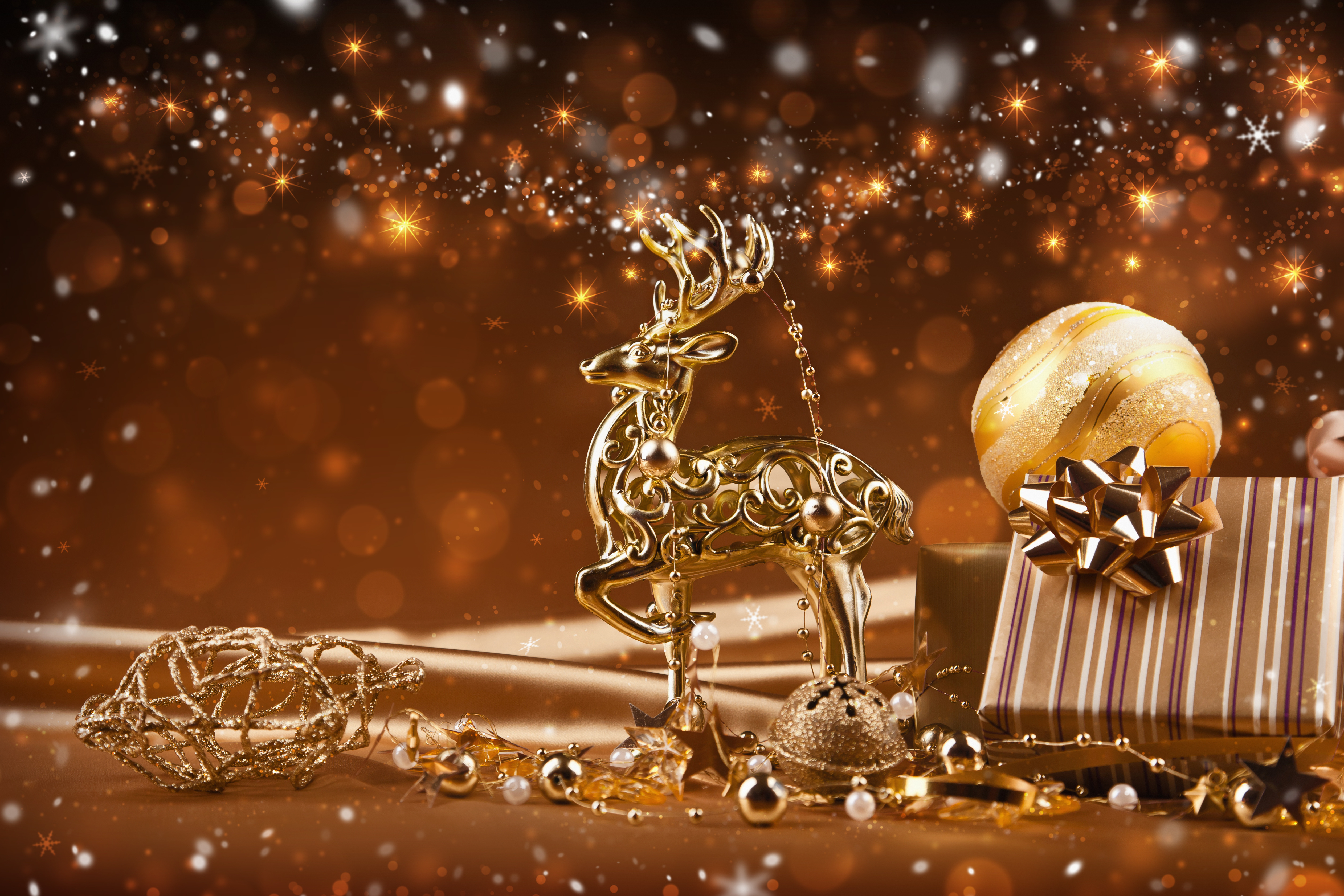 reindeer, New, Year, Ornaments, Golden, Christmas, Lights, Decoration Wallpaper