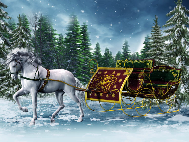 sleigh, 3d, Horse, Winter, Graphics HD Wallpaper Desktop Background