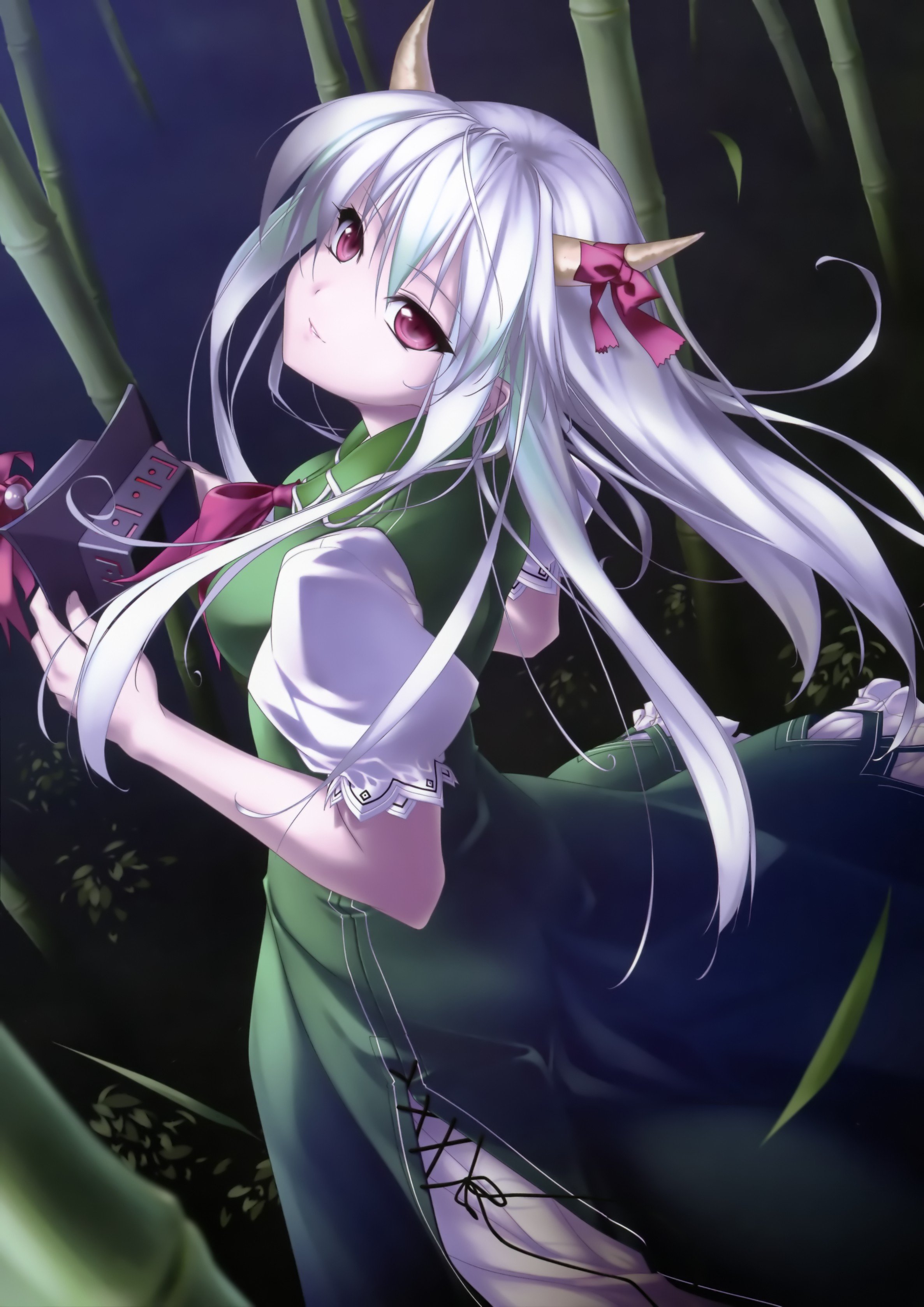 video, Games, Touhou, Dress, Bamboo, Horns, Long, Hair, Outdoors, Red, Eyes, Kamishirasawa, Keine, Bows, White, Hair, Soft, Shading, Hats, Anime, Girls, Green, Dress, Rokuwata, Tomoe, Bangs, Scans Wallpaper