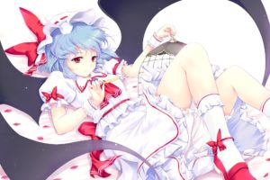 video, Games, Touhou, Wings, Blue, Hair, Feathers, Red, Eyes, Short, Hair, Hats, Remilia, Scarlet, Anime, Girls, Bird, Cage