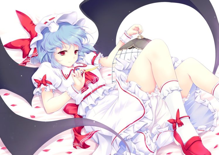 video, Games, Touhou, Wings, Blue, Hair, Feathers, Red, Eyes, Short, Hair, Hats, Remilia, Scarlet, Anime, Girls, Bird, Cage HD Wallpaper Desktop Background