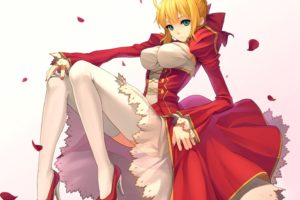 video, Games, Dress, Night, Short, Hair, Thigh, Highs, Type moon, Anime, Simple, Background, Anime, Girls, Fate extra, Saber, Extra, Fate, Series