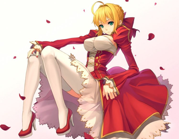 video, Games, Dress, Night, Short, Hair, Thigh, Highs, Type moon, Anime, Simple, Background, Anime, Girls, Fate extra, Saber, Extra, Fate, Series HD Wallpaper Desktop Background